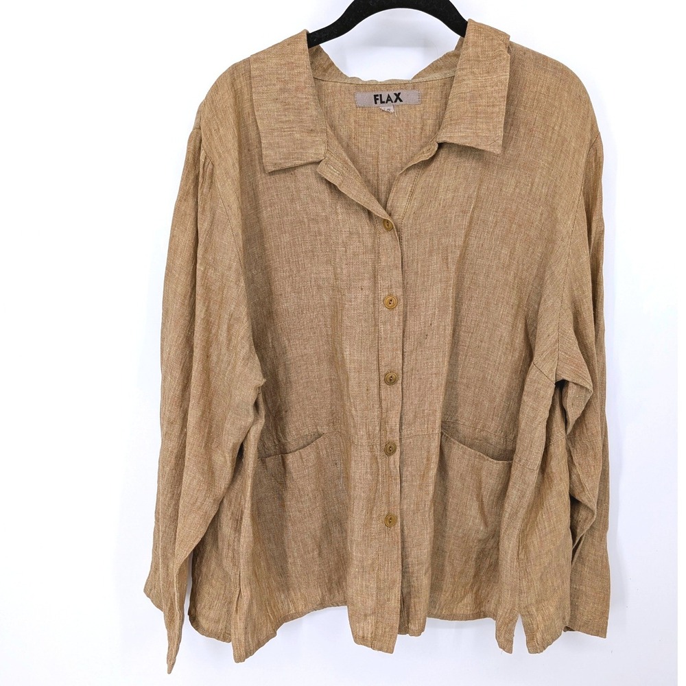 FLAX Button Up Shirt Women Medium Tan Linen Long Sleeve Pockets Lagenlook Casual